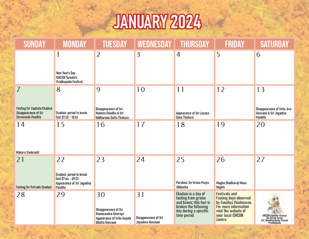 2024 Calendar ISKCON Toronto